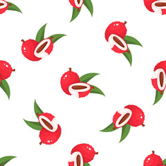 Seamless pattern with fresh bright lychee fruits isolated on white background. Summer fruits for healthy lifestyle. Organic fruit. Cartoon style. Vector illustration for any design.