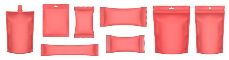 Fototapeta na wymiar Set of realistic red pouch mockups. Flow pack, sugar stick, sachet, zip bag and doypack. Chocolate bar wrapper. Sheet mask sachet. Ketchup