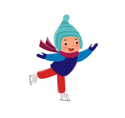 Vector cute teen boy figure ice skating at winter