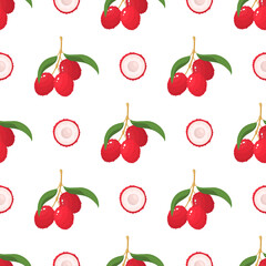 Seamless pattern with fresh bright lychee fruits isolated on white background. Summer fruits for healthy lifestyle. Organic fruit. Cartoon style. Vector illustration for any design.
