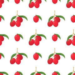 Seamless pattern with fresh bright lychee fruits isolated on white background. Summer fruits for healthy lifestyle. Organic fruit. Cartoon style. Vector illustration for any design.