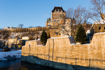View of the upper old town skyline seen from the Petit-Champlain sector during an winter golden...