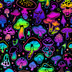 Seamless illustration with bright psychedelic mushrooms