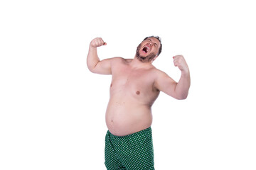 Funny fat man. White background.