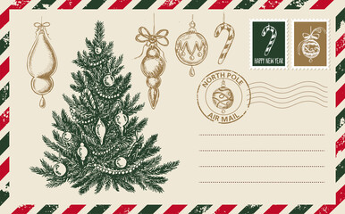 Christmas mail, postcard, hand drawn illustration.	
