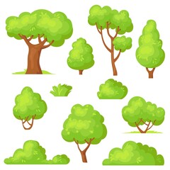 Cartoon hedge set. Garden park green bushes, gardening plants with flowers, forest vegetation, trees bush shrub with branch, elements bushs for casual game, hedges neat vector design