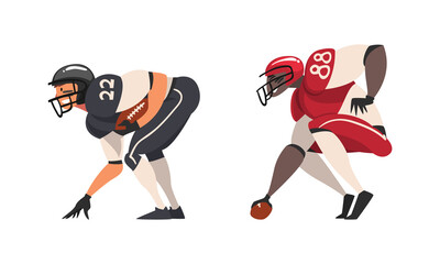 Rugby Player in Uniform Running with Oval-shaped Ball in Hand Playing Close-contact Team Sport on Pitch Vector Set