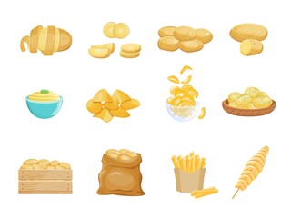 Cartoon potato product. Chips vegetable, food ingredients, bag box potatoes, vegan dishes slice, pancakes french fries snacks, cooked products, set exact isolated vector illustration