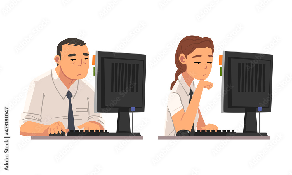 Poster tired man and woman in front of computer screen doing work routine in the office vector set