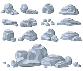 Rock stones pile. Natural stone texture, mineral block mountain cliff, granite boulder, rocks debris, broken rubble, wall formation, construction building, neat cartoon vector