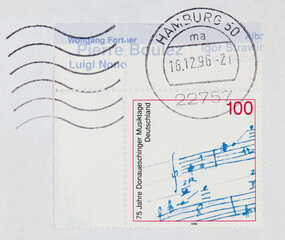 briefmarke stamp vintage retro alt old gebraucht used frankiert cancel gestempelt papier paper noten musik music donaueschinger musiktage 1996 welle wave 100