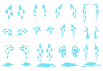Cartoon sweat tear. Cry tears drops, puddle water droplets, drip falling drop, simple raindrop, watery eyes expression despair, neat isolated icon vector illustration