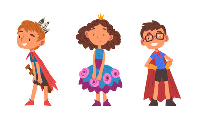 Funny Little Kid Wearing Carnival and Party Costume Vector Set