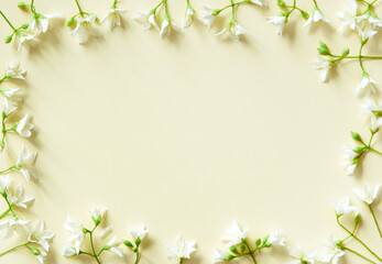 Obraz na płótnie Canvas Spring background with green plants and white flowers on a light paper background. Contrast and minimalism concept. 