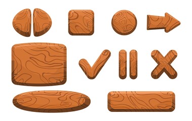Game wood buttons. Wooden arrow 2d panel plank menu, ui interface, sign play, cartoon board, brown mobile gaming texture background, set icon tidy vector illustration