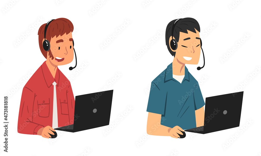 Poster operator of call center office sitting in front of laptop working in headphones vector set