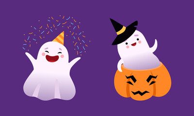 Cute Ghost with Smiling Face in Pumpkin and Wearing Birthday Hat Vector Set