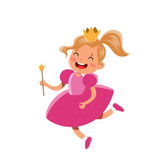 Vector girl pink dress princess costume magic wand
