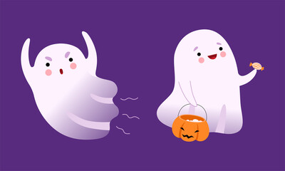 Cute Ghost with Smiling Face Carrying Pumpkin with Sweets and Flying Vector Set