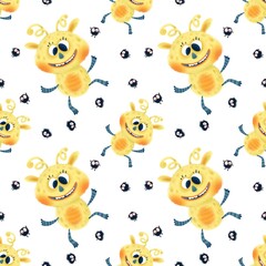 Seamless pattern with cute fluffy yellow monsters