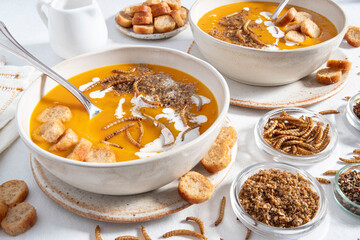 Close-up of edible insects in pumpkin soup, mealworms