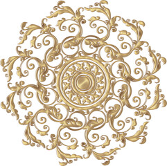 Fototapeta na wymiar 3D-image sun gold central ornament with curls and leaves for ceiling decoration