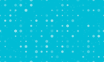 Seamless background pattern of evenly spaced white hive symbols of different sizes and opacity. Vector illustration on cyan background with stars