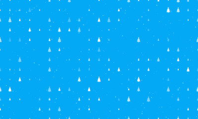 Seamless background pattern of evenly spaced white Christmas trees of different sizes and opacity. Vector illustration on light blue background with stars