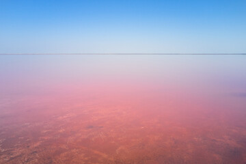 Shallow salt lake with pink water color. At the horizon, the color of the water turns from pink to light blue to match the color of the sky. Shooting from a drone. Copy space.