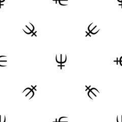 Seamless pattern of repeated black astrological neptune symbols. Elements are evenly spaced and some are rotated. Vector illustration on white background