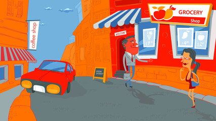Funny little grocery shop on the street with cheerful citizens. Sketchy hand-drawn vector illustration. Illustration shows man and woman on the bright little street wish to buy some fruits or vegetabl