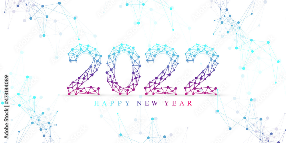 Poster Modern technology template for Merry Christmas and Happy New Year 2022 with connected lines and dots. Digital geometric effect. Vector illustration