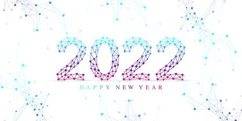 Modern technology template for Merry Christmas and Happy New Year 2022 with connected lines and dots. Digital geometric effect. Vector illustration