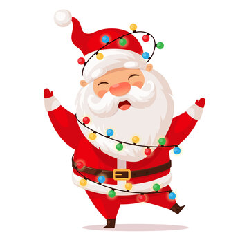 Cute Santa Claus tangled up in a garland, cartoon vector illustration