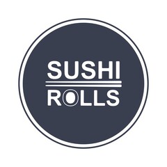 Logo with the inscription sushi rolls with chopsticks. Japanese cuisine. Vector correctable flat design for store, labels, stickers, web.
