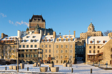 Cityscape of the Petit-Champlain lower old town sector seen during a sunny winter morning, Quebec City, Quebec, Canada