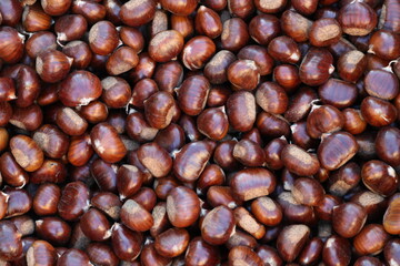 Chestnuts of the autumn season for sale, typical Italian seasonal fruit 