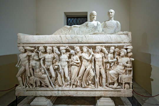 Rome, Italy - January, 6, 2020. Ancient sarcophagus on display of Capitoline Museums. It is an archaeological museums on top of the Capitoline Hill in Rome