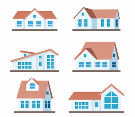 Houses set. Suburban American houses exterior front view. Collection of classic and modern American houses isolated on the white background. Vector Illustration.
