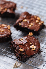Chocolate brownies with hazelnut crumbs on top, on a tray with cacao powder, chocolate crumbs on a white rustic background. Very fudge brownies