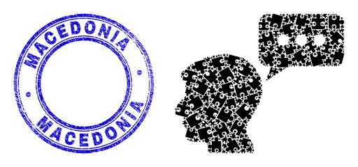 Puzzle user mention mosaic icon with Macedonia seal stamp. Blue vector rounded grunge stamp with Macedonia message. Abstract mosaic of user mention icon composed of puzzle pieces.