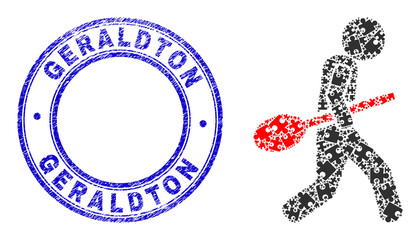 Puzzle spoon robber mosaic icon with Geraldton seal stamp. Blue vector round scratched stamp with Geraldton message. Abstract mosaic of spoon robber icon combined of puzzle plugins.