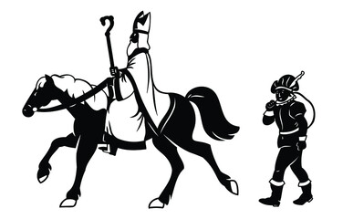 Laser cut figure based on Saint Nicholas, Bishop of Myra, eve and feast of Saint Nicholas Gift Giver, Santa Claus. Heilige Nikolaus, Sinterklaas on the horse and his companion vector silhouettes. 