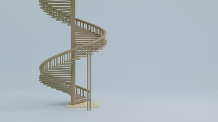 3D rendering. Beige staircase, spiral staircase to the top