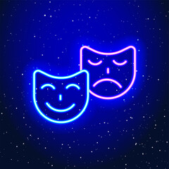 Fototapeta premium Neon light theater facial expression design. Linear smiley-crying design. Neon theater faces in space. Unique and realistic neon icon. Linear icon on blue background.