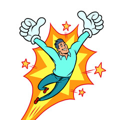 joyful man like gesture, emotional pose flight