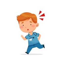 The doctor runs, hurry up. The man looks alarmed. Vector postcard in cartoon style for design, print, patterns