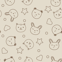 Seamless pattern with cute animals on a beige background, drawing with brown lines. Childrens pattern for textile, wallpaper, clothing, cover.Vector illustration