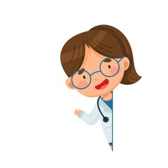 A doctor with glasses peeks out over the edge. Woman showing thumb. Vector postcard in cartoon style for design, print, patterns