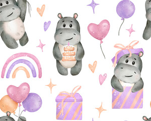 Hand drawn cute isolated baby girl holiday watercolor hippo animal seamless pattern.
